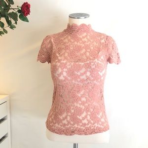Women's Lace Short Sleeve Mock Neck dusty Rose top